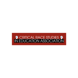 Image contains a red background with text on two lines: Critical race studies in education association. Text is bracketed by two raised fists on the left and right.