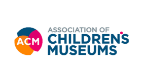 overlapping blue, orange, and pink semicircles with "ACM" on top in white. Text to the right reads "Association of Children's Museums"