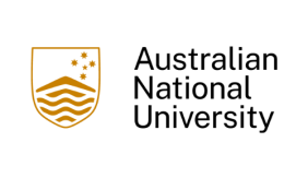 a gold shield with five stars in the upper right corner and five wavy lines at the bottom. Black text to the right reads "Australian National University"