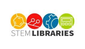 a yellow circle with a white hexagon inside, a red circle with two white lines each with a circle at the end, a blue circle with a white gear, and a green circle with a white calculator. text beneath reads "STEM Libraries" in black