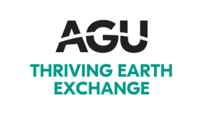 the letters AGU in black with a clear line going through the middle. Underneath is teal text that reads "Thriving Earth Exchange"