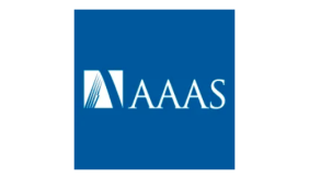 a blue square with a smaller white square inside and to the left. Inside the white square are four blue lines to the left and a solid blue line to the right forming an upside down "V." Text to the right reads "AAAS" in white.