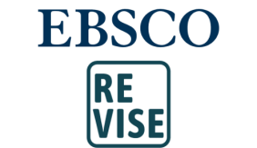 Blue text on top reads "EBSCO." A teal square underneath has teal text reading "REVISE" inside.