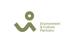 Image contains an olive green small circle with a line that swoops like a "U" before turning into an upside-down "V." Text to the right reads "Environment and culture partners."