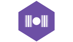 a purple hexagon with a white dot in the middle. the white circle has two sets of white lines to its left and right