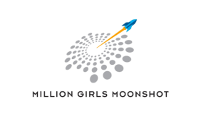 A burst of grey dots in a circle with a blue rocket shooting out from the center towards the upper right corner. Text beneath the image reads "Million Girls Moonshot."