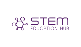 A purple hexagon with circles connected to each corner of various sizes. Purple text to the right reads "STEM Education Hub"
