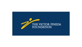 A navy background. Image to the left is a yellow "V" and dot above resembling a person with their arms stretched out. White text to the right reads "The Victor Pineda Foundation."