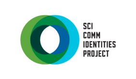 Image to the left is a a green ring and a blue ring slightly overlapping. Black text to the right reads "SciComm Identities Project"