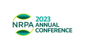 Image to the left has the letters "NRPA" in green surrounded by two leaves to create a circle. Green text to the right reads "2023 Annual Conference"