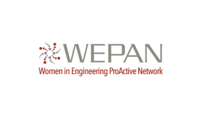 Image contains a series of grey and red dots to form a star burst to the left. Grey text to the right of the burst reads "WEPAN." Red text underneath reads "Women in engineering proactive network"