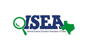 Image contains a green magnifying glass to the left and the state of Texas in green to the right. Blue text in between both images reads "ISEA." Smaller black text underneath reads "Informal Science Education Association of Texas."