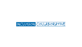 image contains the word "Inclusion" in white with a blue background, and the word "Collaborative" to the right in blue text. The word "Collaborative" has one blue line above it and one blue line below it.