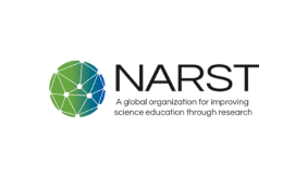 Image contains a blue and green circle to the left with white network nodes. Black text to the right reads "NARST: a global organization for improving science education through research