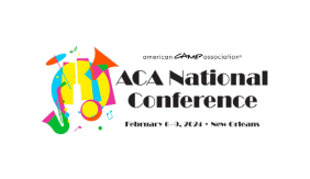 Image contains a number of instruments in different colors on the left. Text to the right reads "American Camp Association: ACA National Conference, February 6-9 2024, New Orleans" in black.