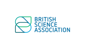 Blue text to the right reads "British Science Association." Image to the left of the text are overlapping green, dark blue, and light blue shapes.