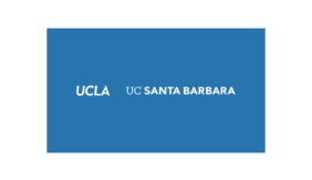 Image contains a blue background. White text reads "UCLA" and "UC Santa Barbara"
