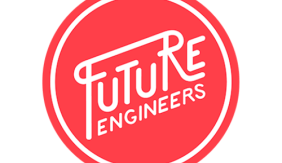 Image contains "Future Engineers" in white text inside of a red circle