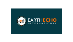 Image contains a dark green background. White and orange text reads "Earth Echo International." Image to the right of the text includes a white compass with a orange figure inside of it.