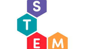 Image contains the word STEM, with each of the four letters appearing in a hexagon. The colors of each hexagon from top to bottom are purple, teal, red, and orange.
