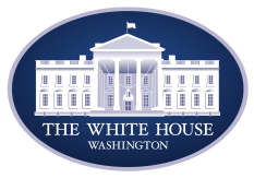 a blue oval with a border in a lighter blue. a large white house in the center with the words "The White House" and "Washington" on two lines underneath the house in white