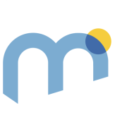 the letter M in light blue with a yellow circle on its upper right hand side