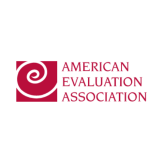 a red square with a white swirl inside. Text to the right reads "American Evaluation Association" in red.
