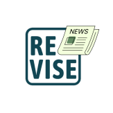 a teal square with rounded corners with "REVISE" in teal inside. a light green folded newspaper with the text "News" is in the upper right corner