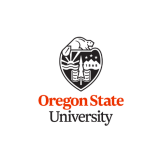 a black and a white badge with a badger on top and a sun, mountain with three stars above it, and an open book with a pine tree on top of it. underneath is an orange "Oregon State" text with a black "University" text underneath.