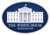 a blue oval with a border in a lighter blue. a large white house in the center with the words "The White House" and "Washington" on two lines underneath the house in white