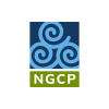 a dark blue square with three light blue swirls inside. a green rectangle underneath has the letters "NGCP" in white