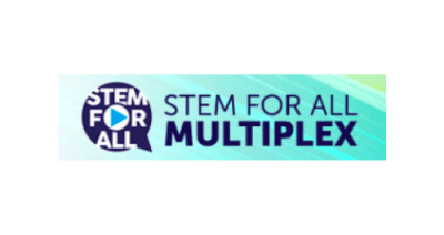 a purple speech bubble with white text inside reads "STEM FOR ALL." To the right is purple text that reads "STEM for All Multiplex"