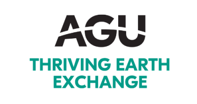 the letters AGU in black with a clear line going through the middle. Underneath is teal text that reads "Thriving Earth Exchange"