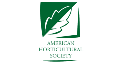 Image is a green and white square with a leaf in the middle. Green text underneath reads "American Horticultural Society."