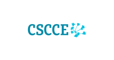 The letters "CSCCE" in light blue. An image to the right is a lighter blue group of flowers.