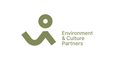 Image contains an olive green small circle with a line that swoops like a "U" before turning into an upside-down "V." Text to the right reads "Environment and culture partners."