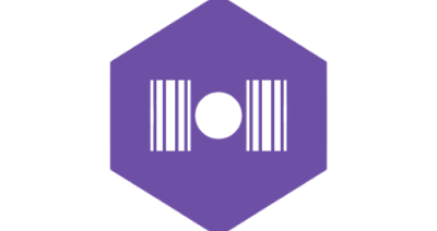 a purple hexagon with a white dot in the middle. the white circle has two sets of white lines to its left and right