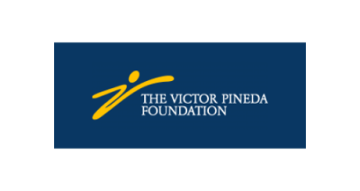 A navy background. Image to the left is a yellow "V" and dot above resembling a person with their arms stretched out. White text to the right reads "The Victor Pineda Foundation."