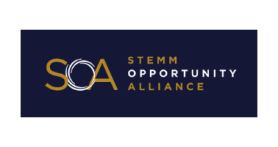 a navy blue background with "SOA" in gold. Text to the right reads "STEMM Opportunity Alliance."