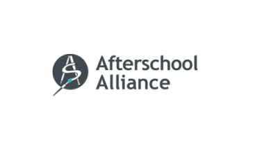 Image to the left is a black circle with a pen and baseball bat forming an "A." A paintbrush has a line displaying an "S" between the "A." Text to the right reads "Afterschool Alliance"
