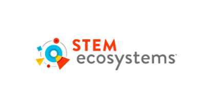 Image to the left contains a light blue ring inside a thin grey ring. Grey ring contains a red circle, blue square, yellow triangle, red circle, and a red and yellow triangle. Text to the right reads "STEM Ecosystems"
