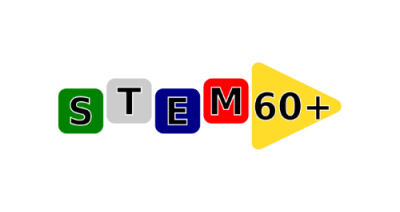 Image contains four block with a letter inside. From left to right: green block with S, grey block with T, blue block with E, and red block with M. There is a yellow triangle with the text '60+' inside to the right.