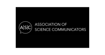 Image contains a black background. Image to the left is an outline of a white speech bubble with the letters "ASC." Each letter is separated by a line. White text to the right reads "Association of Science Communicators"