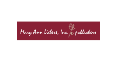 image contains a dark red background. white text inside reads "mary ann liebert, inc publishers." image contains a golden outline of a flower between "inc" and "publishers"