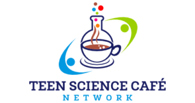 Image contains a coffee cup inside of a beaker with various color dots coming out of it. Blue text below reads "Teen Science Cafe Network"