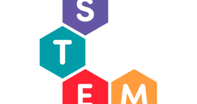 Image contains the word STEM, with each of the four letters appearing in a hexagon. The colors of each hexagon from top to bottom are purple, teal, red, and orange.